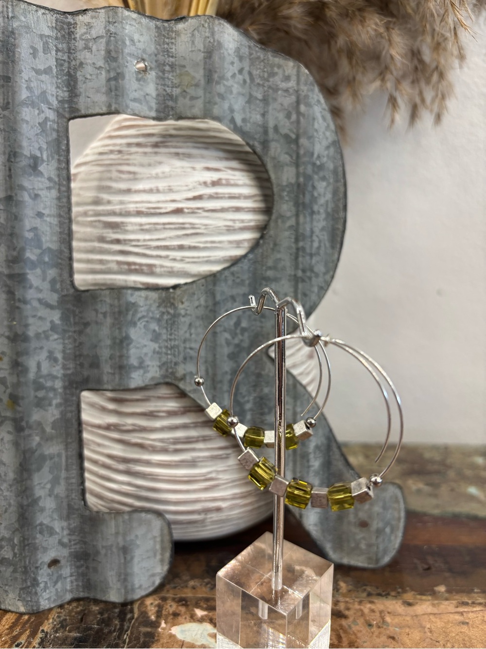 Hoop Earrings 3 Gems Silver with Olive Bead Accents